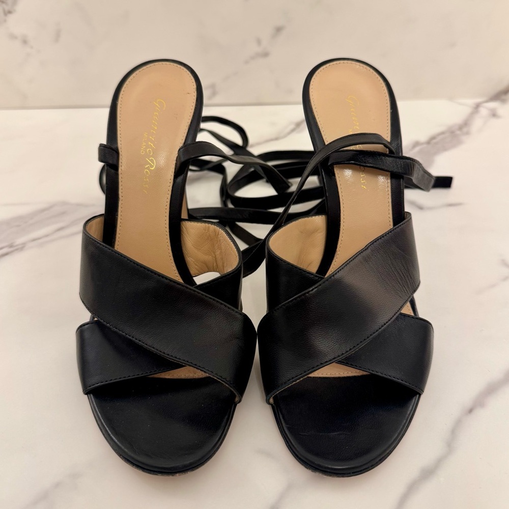Gianvito Rossi Black Leather Ankle Tie Heels 38